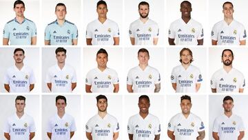 Courtois, Lunin, Varane, Nacho, Mendy, Lucas Vázquez, Víctor Chust, Miguel Gutiérrez, Casemiro, Kroos, Modric, Isco, Blanco, Arribas, Asensio, Vinicius, Mariano y Hugo Duro, jugadores del Real Madrid.