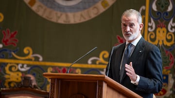 El Rey Felipe VI interviene durante el solemne Acto de Apertura del Curso Universitario 2024-2025, en el Paraninfo de la Universidad de Zaragoza, a 23 de septiembre de 2024, en Zaragoza, Aragón (España). La jornada se celebra en Zaragoza porque la universidad cumple este año 550 años, la quinta más antigua de España.
23 SEPTIEMBRE 2024;REY;ZARAGOZA;ARAGÓN;CURSO UNIVERSITARIO;APERTURA
Marcos Cebrián / Europa Press
23/09/2024