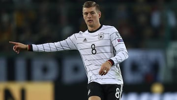 MOENCHENGLADBACH, GERMANY - NOVEMBER 16: Toni Kroos of Germany reacts during the UEFA Euro 2020 Qualifier between Germany and Belarus on November 16, 2019 in Moenchengladbach, Germany. (Photo by Alexander Hassenstein/Bongarts/Getty Images)