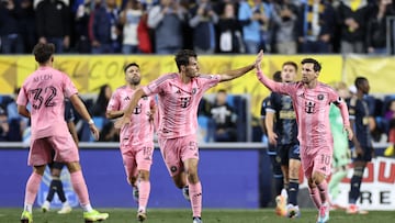 CHESTER, PENNSYLVANIA - MAY 24: Lionel Messi #10 of Inter Miami CF celebrates with teammate Federico Redondo #55 after scoring the team's second goal during the MLS match between Philadelphia Union and Inter Miami CF at Subaru Park on May 24, 2025 in Chester, Pennsylvania. Scott Taetsch/Getty Images/AFP (Photo by Scott Taetsch / GETTY IMAGES NORTH AMERICA / Getty Images via AFP)