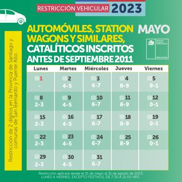 Restricción vehicular hoy, 29 de mayo: autos que no pueden circular en Santiago y calendario de mayo