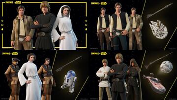 Im&aacute;genes oficiales de las skins de Luke Skywalker, Leia Organa y Han Solo y sus accesorios en Fortnite