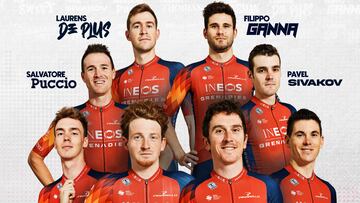 Cartel promocional del equipo del Ineos para el Giro de Italia con Geraint Thomas, Tao Geoghegan Hart y Filippo Ganna entre otros.