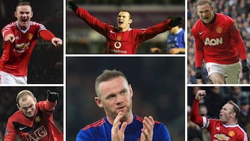 A combination of pictures created in London on January 21, 2017 shows Manchester United&#039;s English striker Wayne Rooney celebrating scoring (clockwise from top L) against Swansea City at Old Trafford on January 2, 2016, Birmingham City at St Andrews o