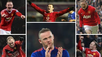 A combination of pictures created in London on January 21, 2017 shows Manchester United&#039;s English striker Wayne Rooney celebrating scoring (clockwise from top L) against Swansea City at Old Trafford on January 2, 2016, Birmingham City at St Andrews o