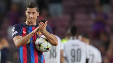 Robert Lewandowski after scoring a hat-trick during the UEFA Champions League match between FC Barcelona and Viktoria Plzen.