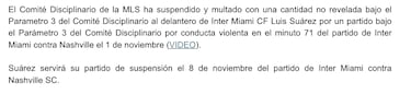 Luis Suárez, suspendido para el juego 3 de playoffs entre Inter Miami y Nashville 