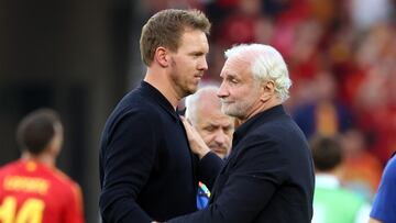 Stuttgart (Germany), 05/07/2024.- Headcoach Julian Nagelsmann (L) reacts with Rudi Voeller after the UEFA EURO 2024 quarter-finals soccer match between Spain and Germany, in Stuttgart, Germany, 05 July 2024. (Alemania, España) EFE/EPA/FRIEDEMANN VOGEL
