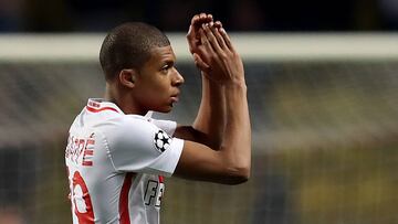 Monaco's French forward Kylian Mbappe Lottin acknowledges supporters during the UEFA Champions League round of 16 football match between Monaco and Manchester City at the Stade Louis II in Monaco on March 15, 2017.
