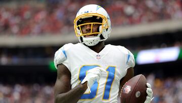 HOUSTON, TEXAS - OCTOBER 02: Mike Williams #81 of the Los Angeles Chargers reacts after making a catch in the second quarter against the Houston Texans at NRG Stadium on October 02, 2022 in Houston, Texas.   Carmen Mandato/Getty Images/AFP