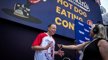 Joey Chestnut, 16-time champion, speaks to a Reuters reporter at the official weigh-in ceremony, ahead of the Coney Island's 2025 Nathan’s Famous Fourth of July International Hot Dog Eating Contest in New York City, U.S., July 3, 2025. REUTERS/Angelina Katsanis