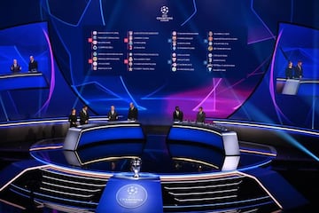 This picture shows the complete draw for the UEFA Champions League football tournament in Istanbul on August 26, 2021. (Photo by OZAN KOSE / AFP)