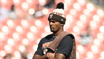 CLEVELAND, OHIO - OCTOBER 01: Deshaun Watson #4 of the Cleveland Browns looks on prior to a game against the Baltimore Ravens at Cleveland Browns Stadium on October 01, 2023 in Cleveland, Ohio.   Nick Cammett/Getty Images/AFP (Photo by Nick Cammett / GETTY IMAGES NORTH AMERICA / Getty Images via AFP)