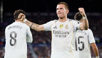 Mastantuono celebra el gol que marcó al Levante.