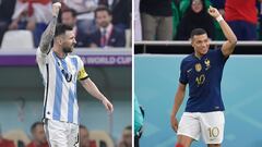Lionel Messi (izq) y Kylian Mbappé (der) festejan goles con sus selecciones en Qatar 2022.
