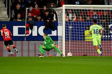 2-0. Balón al espacio para Bryan Zaragoza y en el mano a mano con Iñaki Peña, dribla al portero azulgrana pisando el balón para anotar el segundo gol rojillo.