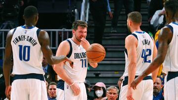 May 26, 2022; San Francisco, California, USA; Dallas Mavericks guard Luka Doncic (77) reacts after a play against the Golden State Warriors during the second half of game five of the 2022 western conference finals at Chase Center. Mandatory Credit: Kelley L Cox-USA TODAY Sports