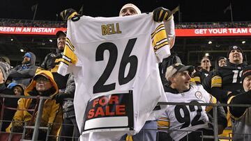 FILE - In this Nov. 8, 2018, file photo, a Pittsburgh Steelers fan holds a Le&#039;Veon Bell jersey during the second half of an NFL football game between the Steelers and the Carolina Panthers in Pittsburgh. The steady exodus of mid-level veterans from the NFL is one element of a long-standing tension between players and the league over the structuring of contracts. The contract holdouts by Bell and Earl Thomas this season put the issue into vivid focus. (AP Photo/Don Wright, File)