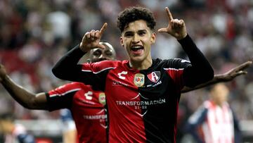 Angel Marquez of Atlas celebrates his goal against Guadalajara during their Mexican Clausura tournament football match, at the Akron stadium, in Guadalajara, Jalisco State, Mexico, on May 12, 2022. (Photo by Ulises Ruiz / AFP)