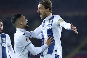 Oscar Rodríguez y Sergio González celebrando el gol del Leganés al Barcelona, que le dió la victoria al equipo pepinero.