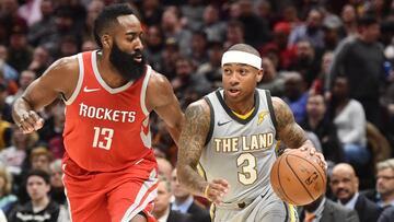 Feb 3, 2018; Cleveland, OH, USA; Cleveland Cavaliers guard Isaiah Thomas (3) drives to the basket against Houston Rockets guard James Harden (13) during the second half at Quicken Loans Arena. Mandatory Credit: Ken Blaze-USA TODAY Sports