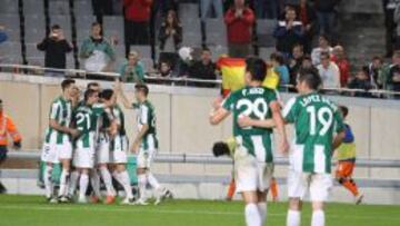 Los jugadores del C&oacute;rdoba celebran uno de los goles del partido.