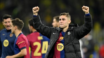 Barcelona's Spanish midfielder #16 Fermin Lopez celebrates after the end of the UEFA Champions League quarter-final second leg football match between BVB Borussia Dortmund and FC Barcelona in Dortmund, western Germany on April 15, 2025. (Photo by INA FASSBENDER / AFP)