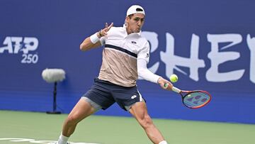 Chile�s Alejandro Tabilo hits a return to USA�s Brandon Nakashima during their men�s singles semi-final match at the Chengdu Open tennis tournament in Chengdu, in China�s southwest Sichuan province on September 22, 2025. (Photo by AFP) / China OUT