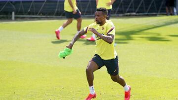 BARCELONA, SPAIN - MAY 23: Nelson Semedo of FC Barcelona runs during a training session at Ciutat Esportiva Joan Gamper on May 23, 2020 in Barcelona, Spain. Spanish LaLiga clubs are back training in groups of up to 10 players following the LaLiga&#039;s &