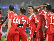 Bayern Munich's German midfielder #10 Jamal Musiala celebrates scoring his team's sixth goal during the UEFA Champions League last 16, first leg football match between Atalanta and Bayern Munich at the Gewiss stadium in Bergamo, on March 10, 2026. (Photo by Alberto PIZZOLI / AFP)