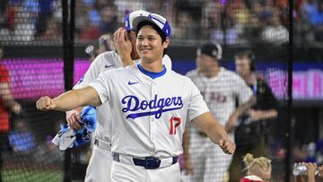 Arlington (United States), 15/07/2024.- Los Angeles Dodgers Shohei Ohtani reacts during the T-Mobile Home Run Derby in Arlington, Texas, USA, 15 July 2024. The Home Run Derby is part of the MLB All-Star events before the 2024 MLB All-Star Game on 16 July. EFE/EPA/GERALD LEONG
