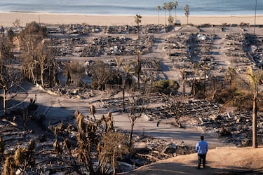 Imagen devastadora del barrio residencial Palisades que ha quedado totalmente destruido, por los incendios que  han arrasado más de 15.000 hectáreas en Los Ángeles.