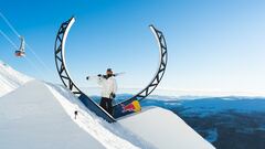 Jesper Tjäder poses in front of the loop gap rail in Åre, Sweden on February 7, 2024 // Judith Bergström / Red Bull Content Pool // SI202404080105 // Usage for editorial use only // 