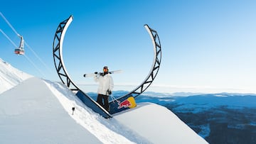 Jesper Tjäder poses in front of the loop gap rail in Åre, Sweden on February 7, 2024 // Judith Bergström / Red Bull Content Pool // SI202404080105 // Usage for editorial use only // 