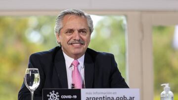 Handout picture released by Argentina's Presidency showing Argentine President Alberto Fernandez gesturing during the announcement of an infraestructure works plan for six southern provinces for an amount of 2,200 million pesos at the Olivos Presidential residence in Olivos, Buenos Aires on July 7, 2020 amid the outbreak of the new coronavirus, COVID-19. (Photo by Handout / Argentinian Presidency / AFP) / RESTRICTED TO EDITORIAL USE - MANDATORY CREDIT "AFP PHOTO / ARGENTINIAN PRESIDENCY / ESTEBAN COLLAZO" - NO MARKETING NO ADVERTISING CAMPAIGNS - DISTRIBUTED AS A SERVICE TO CLIENTS
