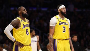 LOS ANGELES, CALIFORNIA - MAY 22: LeBron James #6 and Anthony Davis #3 of the Los Angeles Lakers react to a Laker foul during the third quarter against the Denver Nuggets in game four of the Western Conference Finals at Crypto.com Arena on May 22, 2023 in Los Angeles, California. NOTE TO USER: User expressly acknowledges and agrees that, by downloading and or using this photograph, User is consenting to the terms and conditions of the Getty Images License Agreement. Harry How/Getty Images/AFP (Photo by Harry How / GETTY IMAGES NORTH AMERICA / Getty Images via AFP)