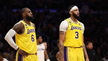 LOS ANGELES, CALIFORNIA - MAY 22: LeBron James #6 and Anthony Davis #3 of the Los Angeles Lakers react to a Laker foul during the third quarter against the Denver Nuggets in game four of the Western Conference Finals at Crypto.com Arena on May 22, 2023 in Los Angeles, California. NOTE TO USER: User expressly acknowledges and agrees that, by downloading and or using this photograph, User is consenting to the terms and conditions of the Getty Images License Agreement.   Harry How/Getty Images/AFP (Photo by Harry How / GETTY IMAGES NORTH AMERICA / Getty Images via AFP)