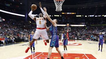 Apr 11, 2017; Atlanta, GA, USA; Atlanta Hawks center Dwight Howard (8) shoots the ball over Charlotte Hornets center Cody Zeller (40) in the first half at Philips Arena. Mandatory Credit: Brett Davis-USA TODAY Sports