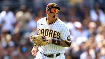 SAN DIEGO, CALIFORNIA - APRIL 19: Manny Machado #13 of the San Diego Padres reacts after throwing out Vaughn Grissom #18 of the Atlanta Braves on an infield grounder during the seventh inning of a game at PETCO Park on April 19, 2023 in San Diego, California.   Sean M. Haffey/Getty Images/AFP (Photo by Sean M. Haffey / GETTY IMAGES NORTH AMERICA / Getty Images via AFP)