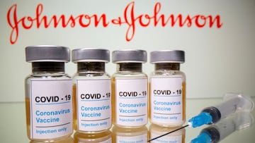 FILE PHOTO: Vials with a sticker reading, &quot;COVID-19 / Coronavirus vaccine / Injection only&quot; and a medical syringe are seen in front of a displayed Johnson &amp; Johnson logo in this illustration taken October 31, 2020. REUTERS/Dado Ruvic/Illustr