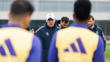 MADRID, SPAIN - MARCH 28: Carlo Ancelotti the head coach / manager of Real Madrid with his team at Valdebebas training ground on March 28, 2024 in Madrid, Spain.  (Photo by Pedro Castillo/Real Madrid via Getty Images)