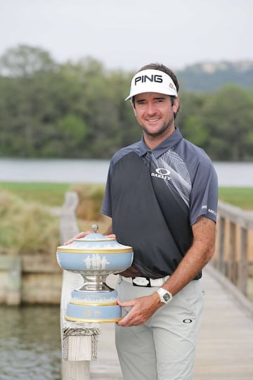 Bubba Watson celebrates with the Walter Hagen Cup.