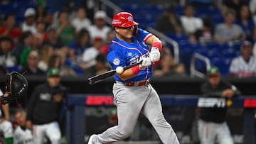 Puerto Rico's catcher #29 Jonathan Morales (L) hits the ball during the Caribbean Series baseball game between Puerto Rico and Mexico at LoanDepot Park in Miami, Florida, on February 2, 2024. (Photo by CHANDAN KHANNA / AFP)