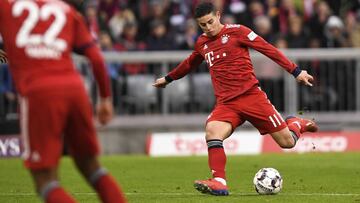 Munich (Germany), 09/03/2019.- Bayern's James Rodriguez in action during the German Bundesliga soccer match between Bayern Munich and VfL Wolfsburg in Munich, Germany, 09 March 2019. (Alemania) EFE/EPA/LUKAS BARTH-TUTTAS (DFL regulations prohibit any use of photographs as image sequences and/or quasi-video)