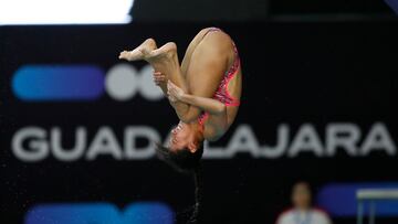 AME5151. GUADALAJARA (MÉXICO), 03/04/2025.- La clavadista mexicana Gabriela Agundez García participa en la categoría plataforma 10 metros en la Copa del Mundo de Clavados 2025 este jueves, en el Centro Acuático Metropolitano, en Guadalajara (México). EFE/ Francisco Guasco
