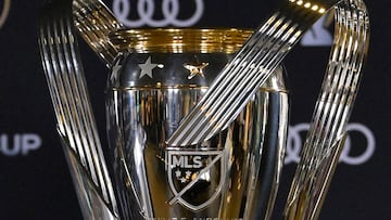 Dec 6, 2024; Carson, California, USA; General view of the MLS Cup Trophy on display at Dignity Health Sports Park. Mandatory Credit: Jayne Kamin-Oncea-Imagn Images