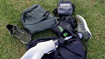 A leg prosthesis and other belongings of a Colombian amputee national team footballer, lay on the pitch before their 2018 Amputee Football World Cup match against Costa Rica in San Juan de los Lagos, Jalisco state, Mexico on October 30, 2018. - Winning th