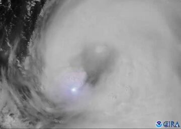 A satellite view of lightning from Hurricane Laura, August 25, 2020, in this still image from video obtained via social media. NOAA via REUTERS