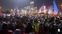 DOHA, QATAR - NOVEMBER 20: Thousands of supporters trying to access the FIFA Fan festival in Al Bidda with the World Cup opener between Qatar and Ecuador on a big-screen TV in Al Bidda Park in Doha, Qatar. Many were denied entry, with police officers standing guard at the entrances and stopping supporters from accessing the dedicated fan zone during the FIFA World Cup Qatar 2022 on November 20, 2022 in Doha, Qatar. (Photo by Pixsell/MB Media/Getty Images)