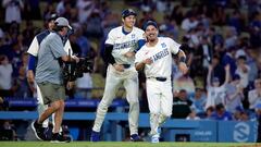 LOS ANGELES, CALIFORNIA - JUNE 22: Shohei Ohtani #17 of the Los Angeles Dodgers and catcher Austin Barnes #15 joke around after defeating the Los Angeles Angels, 7-2, at Dodger Stadium on June 22, 2024 in Los Angeles, California.   Kevork Djansezian/Getty Images/AFP (Photo by KEVORK DJANSEZIAN / GETTY IMAGES NORTH AMERICA / Getty Images via AFP)